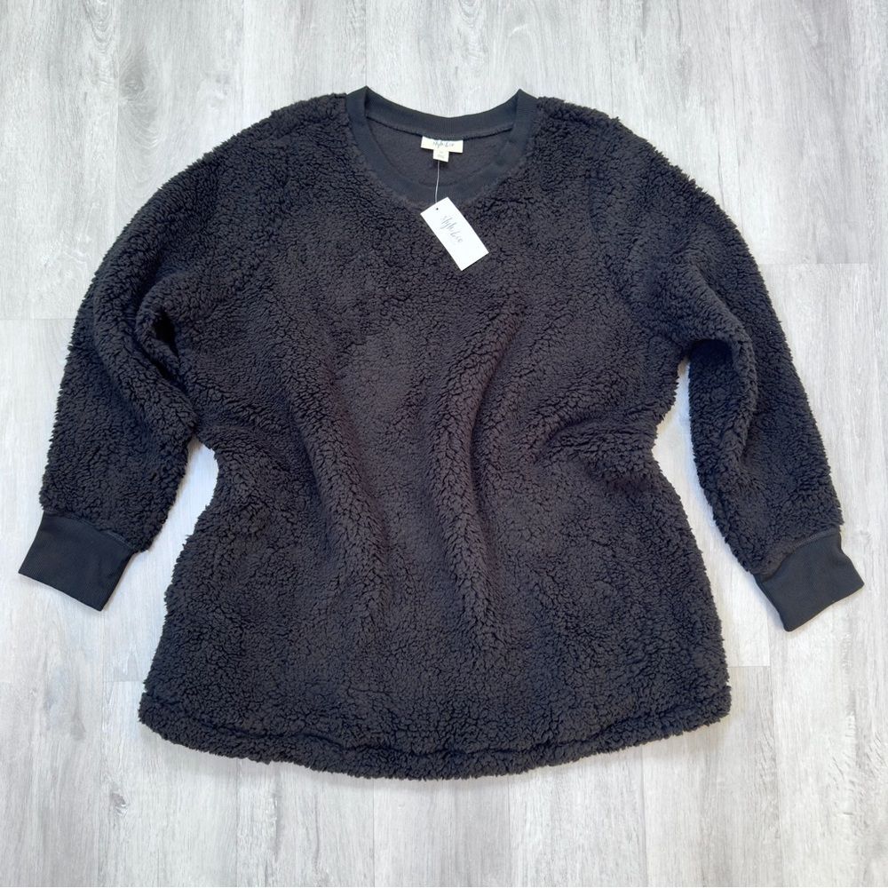 Women's Sherpa Fleece Sweater 1X NWT Black Plush Cozy Warm Pullover